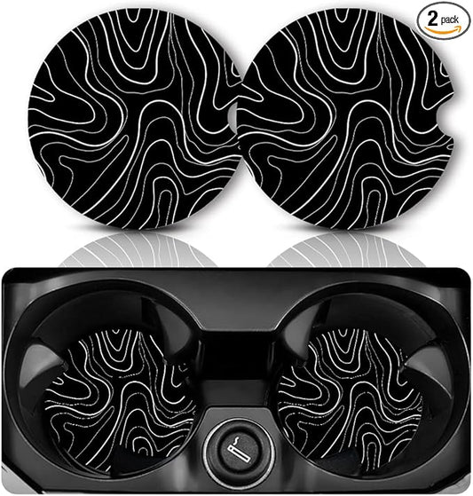 Topographic Anti-Slip Rubber Car Cup Mat with 2 Pack Cup Holder Coasters for Men & Women, Cute Interior Accessories