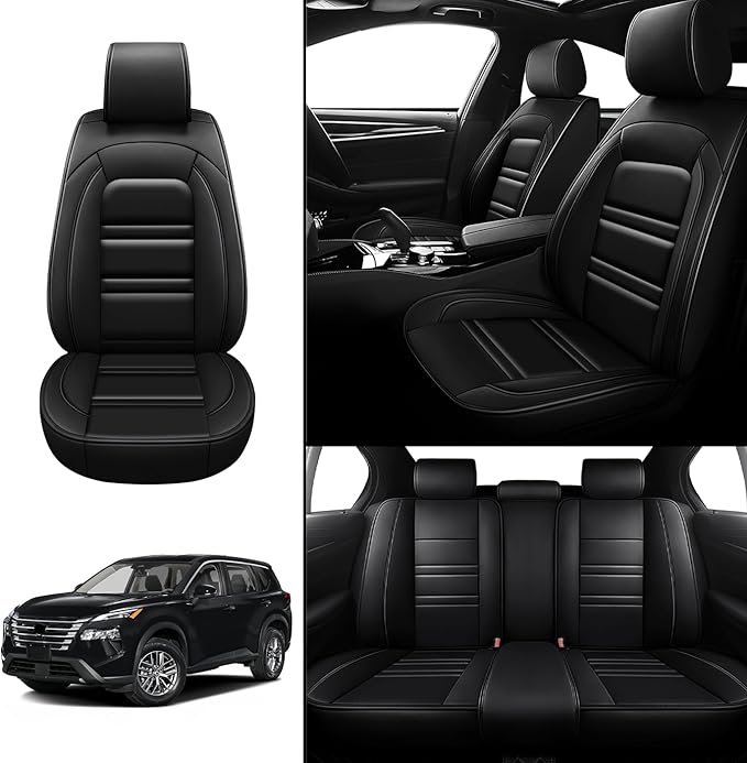 Seat Covers for Nissan Car Rogue 2008-2025 | 5-Seats Leather Seat Covers, Easy to Install Automotive Seat Covers Full Set (Full Set, Black)
