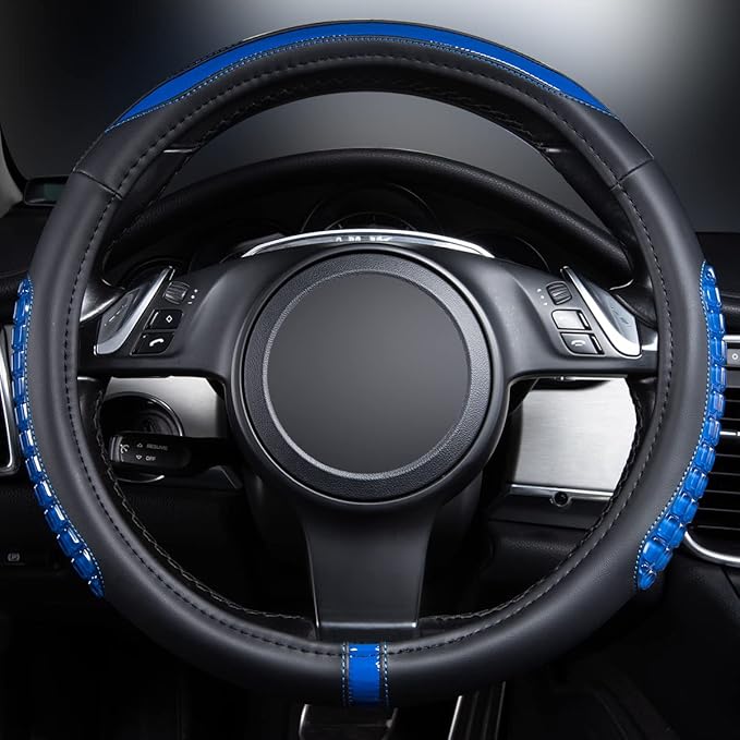 Flying Banner car Steering Wheel Cover Gel Massage Velvet Cool Warm Universal Size 15 inches SUV Truck Anti Slip Odorless Summer Winter (Black Blue, Gel Massage)