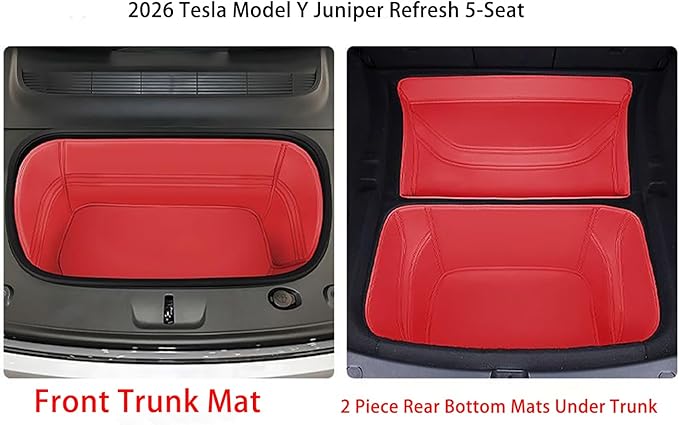 Tesla Model Y Juniper Refresh 2026 Full Cover Frunk Mat & Rear Lower Trunk Storage & Inner Storage Mat – 100% Red Genuine Leather