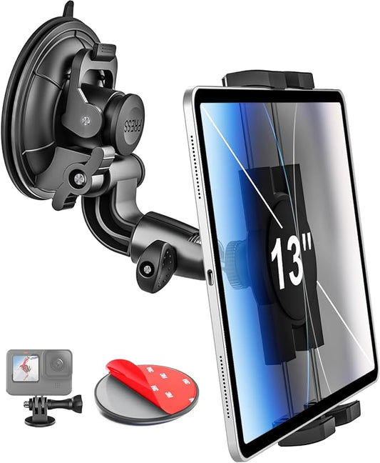 woleyi Heavy Duty Tablet Holder for Car/Truck - [Super Suction Cup] Windshield Dashboard Car Tablet Mount with 1/4" Screw Adapter for 4-13" iPad Pro/Air/Mini, Galaxy Tab/Z Fold, iPhone & Gopro/Camera
