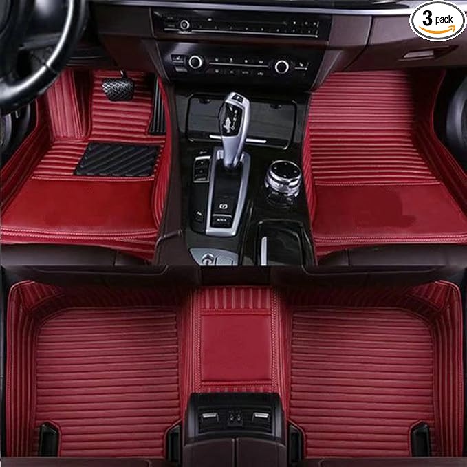 YaruicarCustom Car Floor Mats for 99.99% Sedan SUV Sports Car Men Women Protection Full Coverage Pads Anti-Slip Leather Floor Lining All Weather Car Floor Mats (Wine Red Stripe)