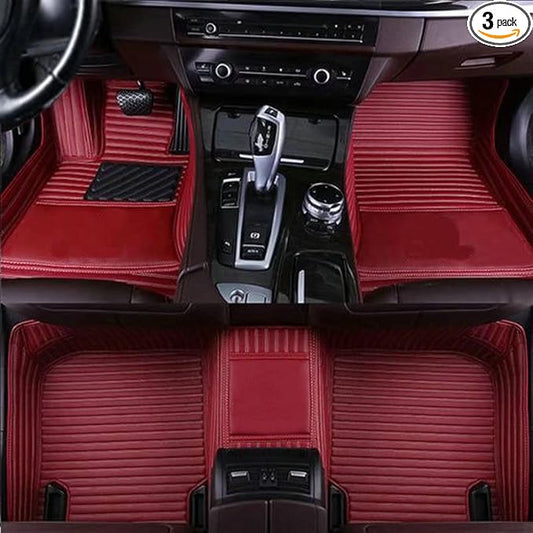 YaruicarCustom Car Floor Mats for 99.99% Sedan SUV Sports Car Men Women Protection Full Coverage Pads Anti-Slip Leather Floor Lining All Weather Car Floor Mats (Wine Red Stripe)