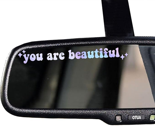 2 x You Are Beautiful Car Mirror Decal, Rearview Mirror Sticker, Women Car Decor, Self Affirmation Car Decal, Car Mirror Sticker, Cute Car Decal, Positivity Sticker (Holographic)