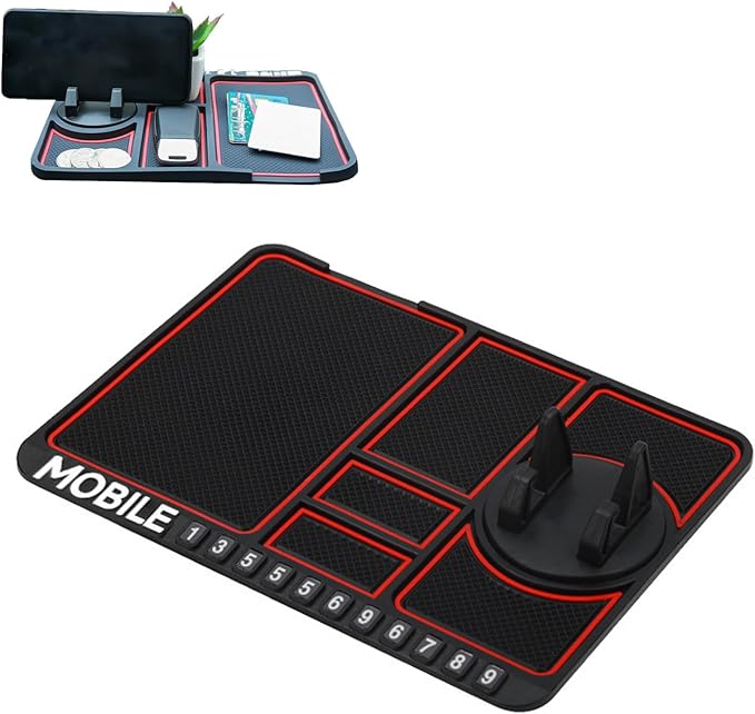 Anti-Slip Mat with Mobile Phone Holder, 4 in 1 Mobile Phone Anti Slip Pad, Dashboard Cell Phone Holder, with Temporary Parking Number, Detachable & Washable (Red)