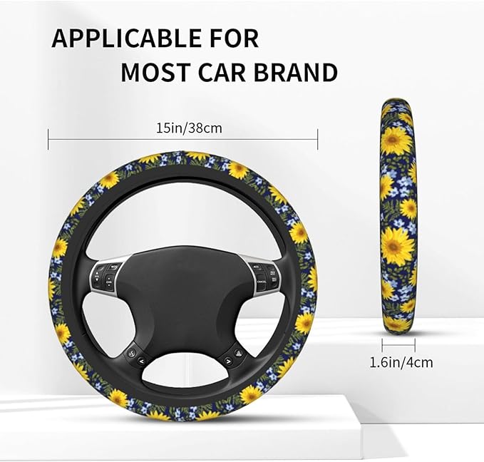 Sunflower Steering Wheel Cover with 2 Car Coasters Non Slip Neoprene for Women Men Universal 15 Inch