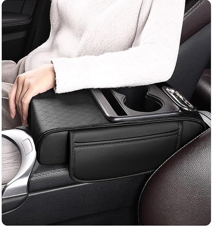 Multifunctional PU Leather Car Armrest Box Mat with Central Elbow, 2026 New Car Armrest Storage Box with Cup Holder, Tissue Box Slot, Phone Slot, Universal Fit (Brown)