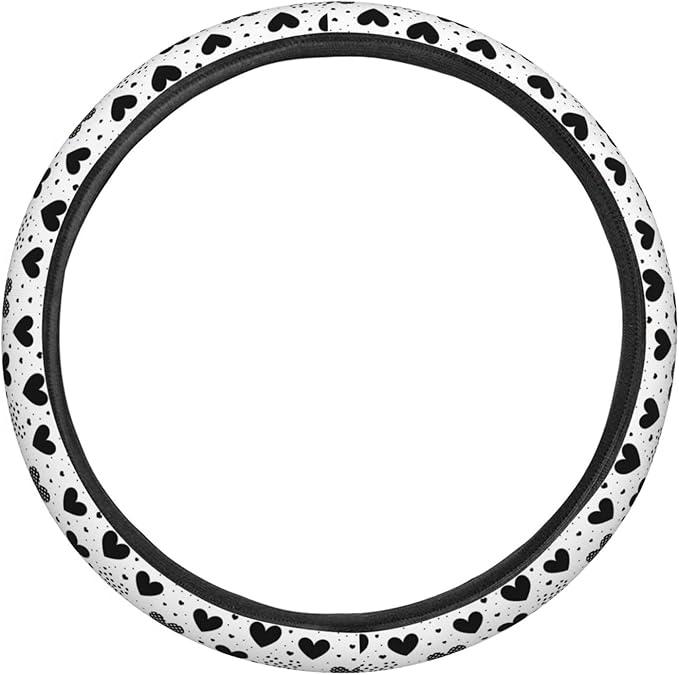 White Black Hearts Polka Dots Love Steering Wheel Covers Anti-Slip Elasticity Car Accessories Steering Wheel Protector Universal 15 Inch for Cars SUV Vehicle Truck