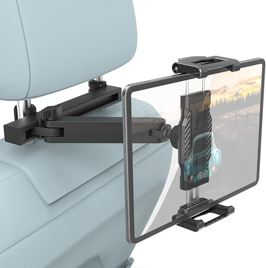 Car Headrest Tablet Holder - [3 in 1 Adjustable Extension Arm] Tablet Car Mount for Back Seat, Road Trip Essentials for Kids, for iPad Pro Air Mini, Galaxy Tab, iPhone, 6-15.6" Devices