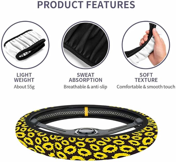 Sunflower Elastic Steering Wheel Cover Yellow Sunflower on Black Background Steering Wheel Cover Anti Slip Protective Case Universal Stretch Steering Protector