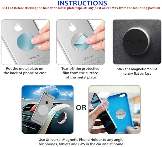 SALEX Magnetic Phone Car Mount with 3M Adhesive. Black Flat Cell Phone Holder for Car Dashboard, Truck, Wall, Mirror, Table. Universal Low Profile Stick on Magnet Set for Tablet Smartphone, Mobile