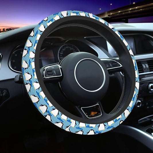 Penguin Elastic Steering Wheel Cover Cute Penguin Blue Sky and White Clouds Steering Wheel Cover Anti Slip Protective Case Universal Stretch Steering Protector