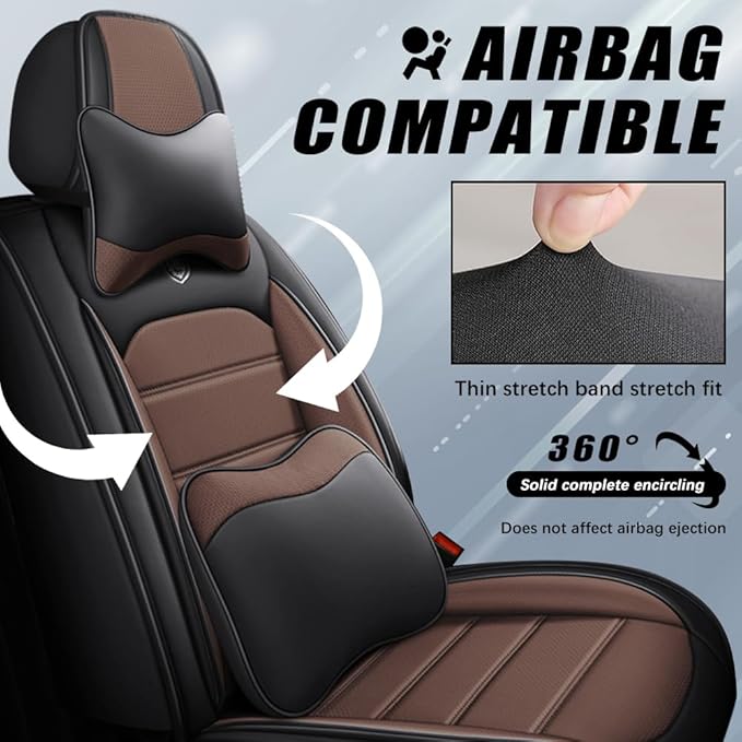 Leather Seat Covers,Waterproof Soft Seat Covers,Interior Accessories Seat Covers Cushion Vehicle Protector Airbag Compatible,Fits 95% of Vehicles(Black&Coffee,Full Set with Pillow)
