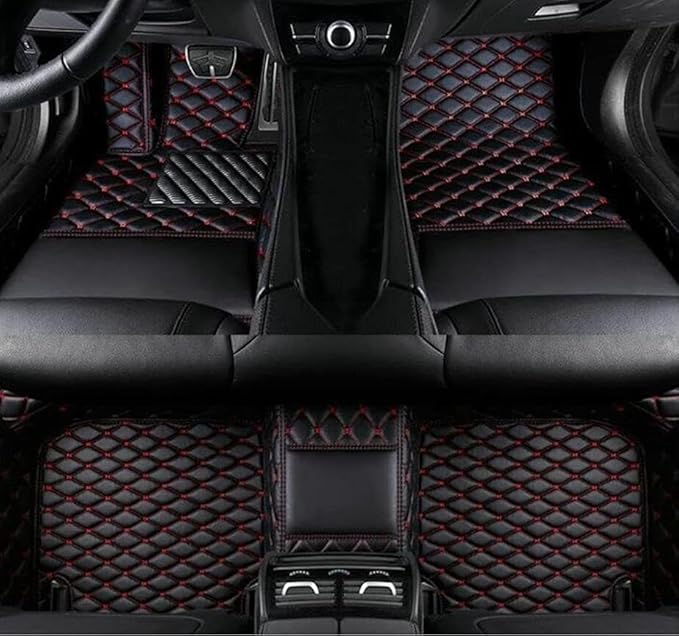 Errva Custom Personalized Floor Mats for Cars，Luxury Full Coverage All Weather Car Floor Mats，Anti-Slip Leather Car Mat Set ，Custom Floor Mats for 98.99% of Cars, Trucks & SUVs (Black red)