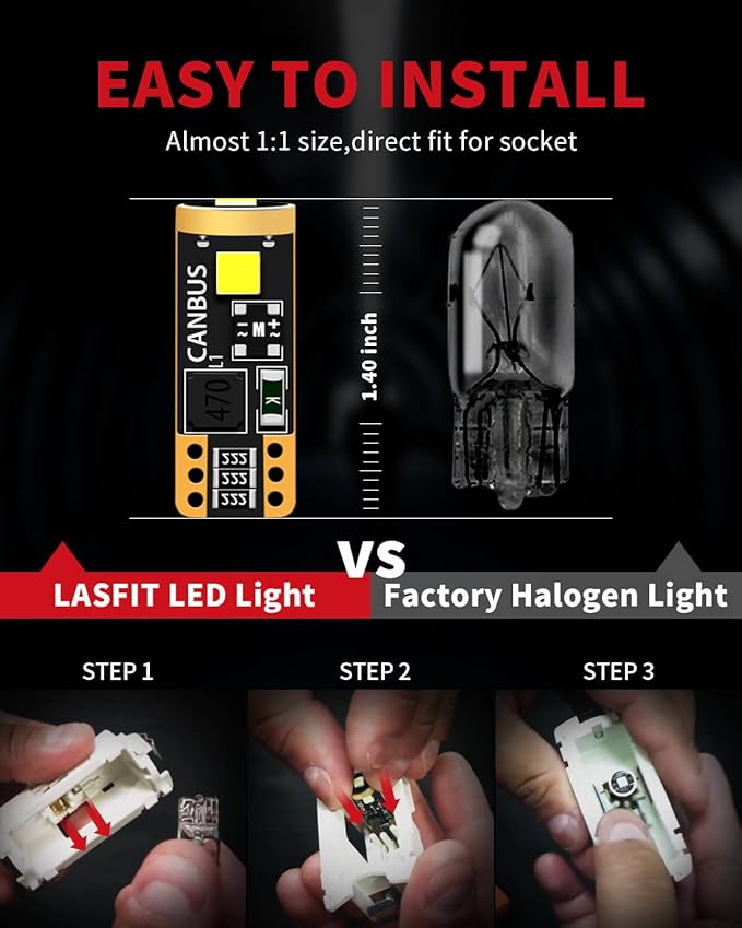 LASFIT 194 LED Bulb 6000K White, T10 168 2825 W5W LED Replacement Light Bulbs, For Dome Map Light, Door Light, Courtesy Light, License Plate Light, Trunk Light, Super Bright (Pack of 6)