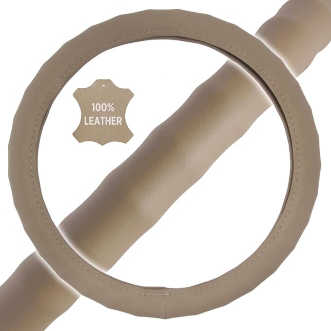 Motor Trend Ergonomic Grip Steering Wheel Cover/Protector for Small Size Steering Wheels in Cars, SUVs, Boats (13.5-14.5") (Genuine Leather (Beige))