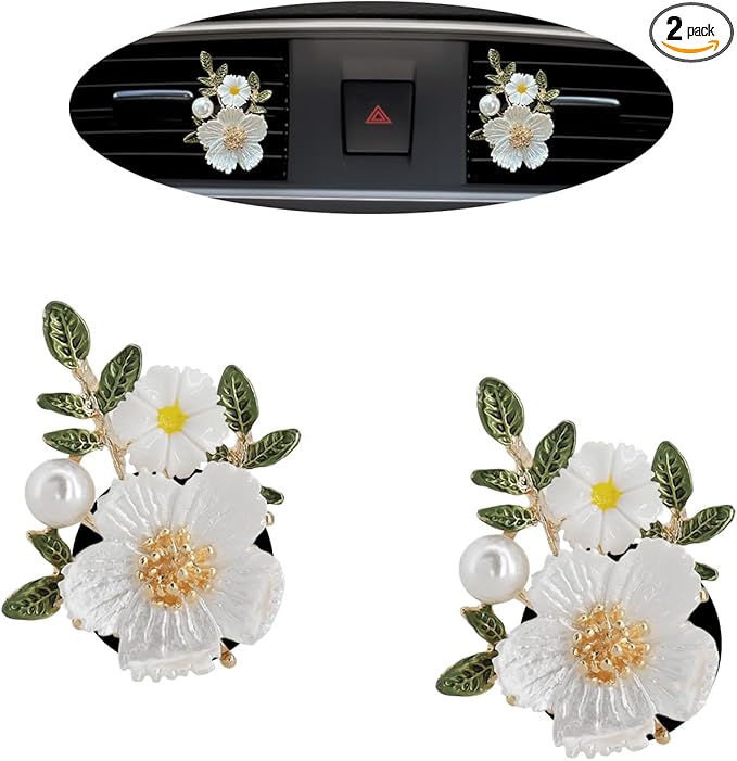 Flower Car Accessories,2pcs White Daisy Bouquet Air Freshener Vent Clips,Car Interior DashBoard Decorations Aesthetics for Women,Refillable Aroma Diffuser
