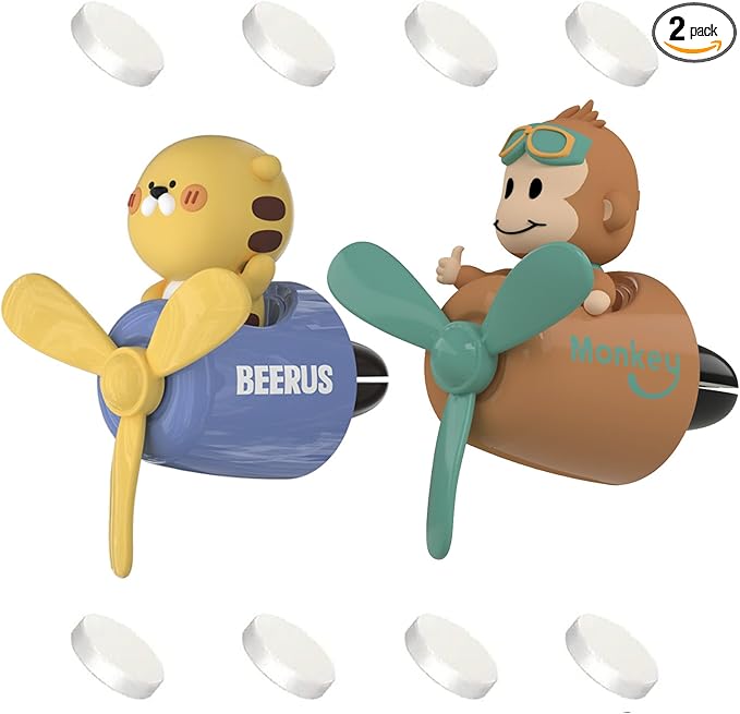 2 Pcs Pilot Car Air Fresheners, Cute Monkey Car Vent Clip Air Freshener with 8 Fragrant Tablets Automotive Air Outlet Fan Diffuser, Automotive Interiors Vent Decoration (Monkey+Tiger)