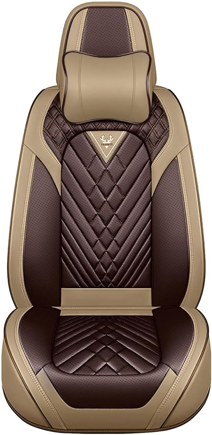 Leather Car Seat Cover Full Set, Waterproof and Protector, Brown&Beige, 5 Seat Cushion, Fits Most Cars