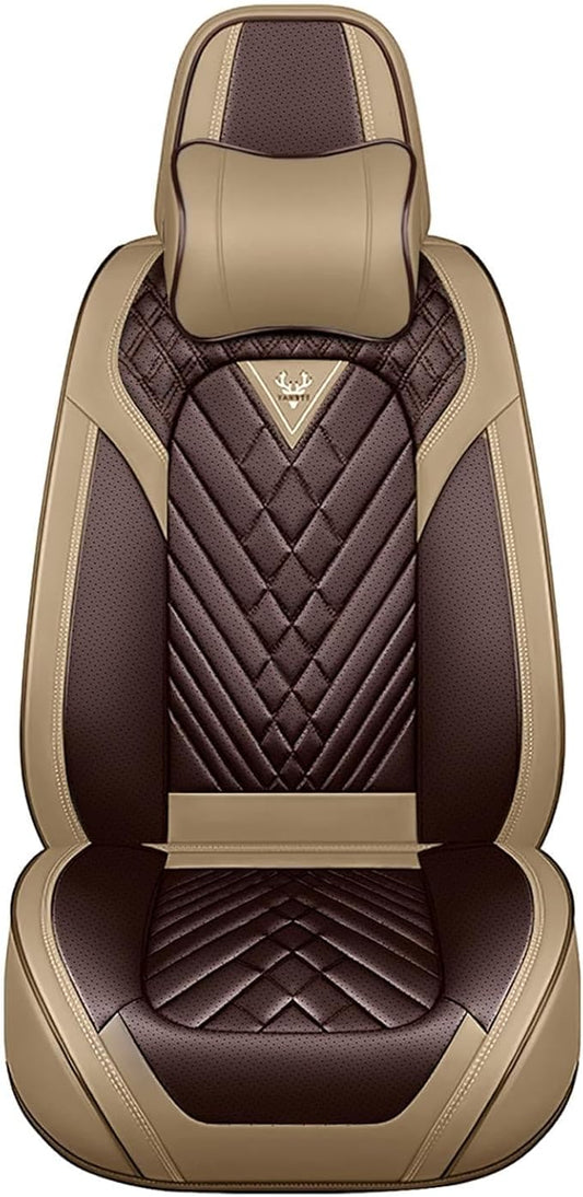 Leather Car Seat Cover Full Set, Waterproof and Protector, Brown&Beige, 5 Seat Cushion, Fits Most Cars