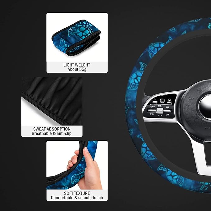 Watercolor Blue Sea Turtle Car Steering Wheel Cover Universal Fit 15 inch, Sweat Absorption Anti-Slip Breathable Neoprene Steering Wheel Protector for Women