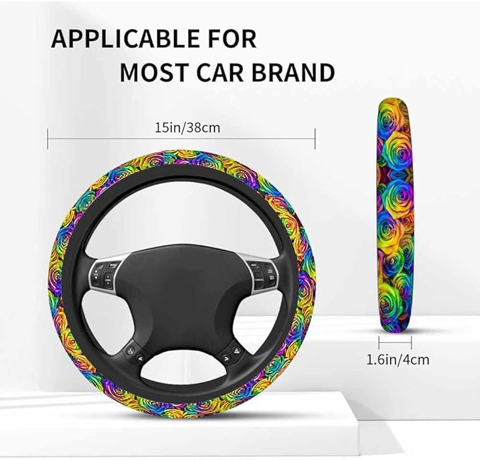 Rainbow Roses Steering Wheel Cover Fresh Beautiful and Bright Steering Wheel Cover for Women Men Anti-Slip Breathable Steering Wheel Protector Car Accessories