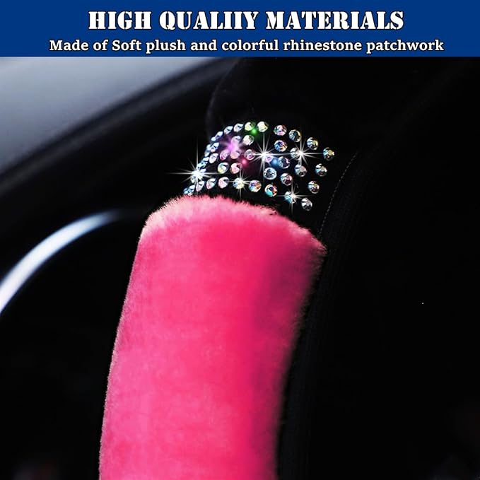 Fluffy Steering Wheel Cover, Universal 15 Inch Colorful Rhinestones Car Steering Wheel Cover, Sparkly Crystal Diamond Steering Wheel Protector for Women Girls,Rose Red