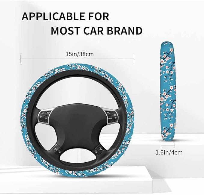Plum Blossom Branch Steering Wheel Cover Pink Flowers Steering Wheel Cover for Women Men Anti-Slip Breathable Steering Wheel Protector Car Accessories