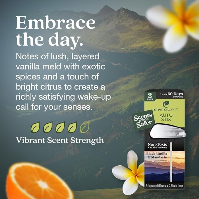 Enviroscent Non-Toxic Car Air Freshener | Natural Car Air Freshener | Essential Oil Diffuser | Car Scent Lasting Over 480 Days | 8 Packs of 2 Hanging Auto Stix (Black Vanilla & Mandarin)