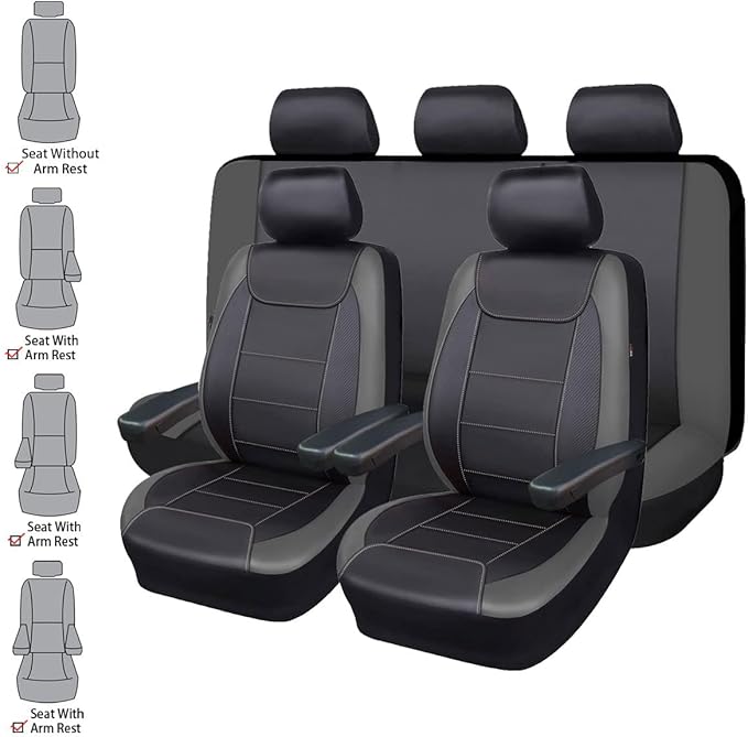 Flying Banner car seat Covers Protects Water Proof Faux Leather Carbon Fiber Front and Rear Bench (Black Gray, Full Set - 8PCS)