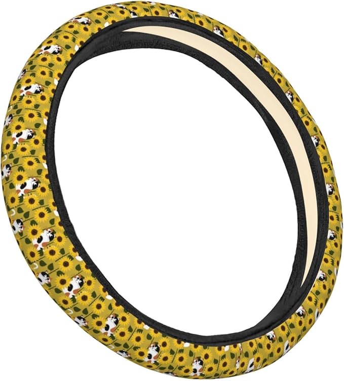 Dujiea Cats Sunflower Elastic Stretch Steering Wheel Cover, Anti-Slip and Durable Car Steering Wheel Accessories for Women Men, 15 Inch Universal Fit Car, Truck, SUV