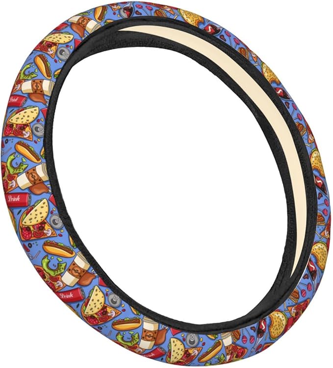 Dujiea Fast Food Hamburger Pizza Cola Elastic Stretch Steering Wheel Cover, Anti-Slip and Durable Car Steering Wheel Accessories for Women Men, 15 Inch Universal Fit Car, Truck, SUV