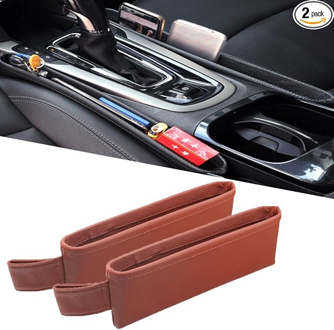 Tumecos Car Seat Pockets PU Leather Car Console Side Organizer Seat Catcher Holders Compatible with Phone Key Wallet Phone Sunglasses 2 Pack (Brown)