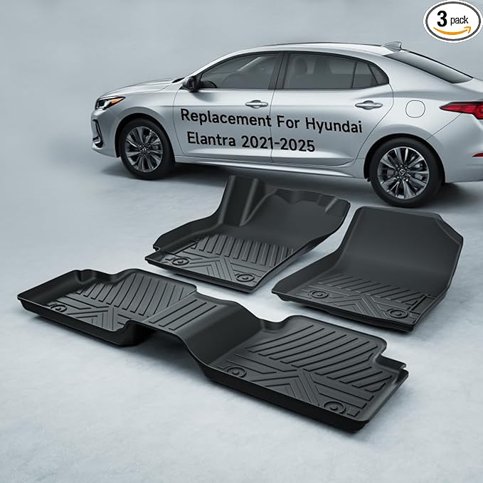 TPE All-Weather Floor Mats for Elantra 2021-2025 (Not for Hybrid) & Elantra N 2022-2025 | Custom Fit Heavy Duty Truck Floor Liners|Front & Rear Row Protection|Odorless, 3-Pcs Set Black