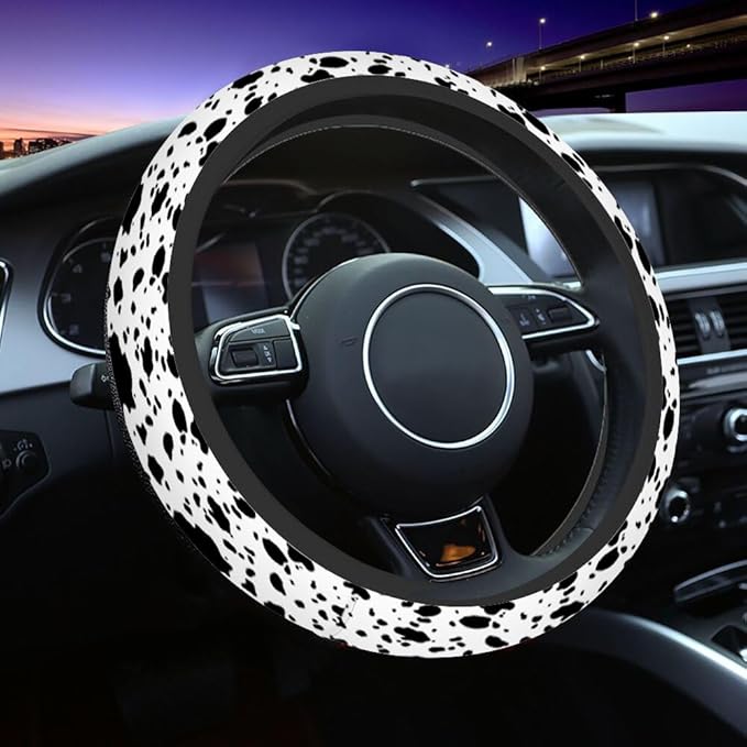 Spotted Animal Texture Elastic Steering Wheel Cover Irregular Black and White Pattern Steering Wheel Cover Anti Slip Protective Case Universal Stretch Steering Protector