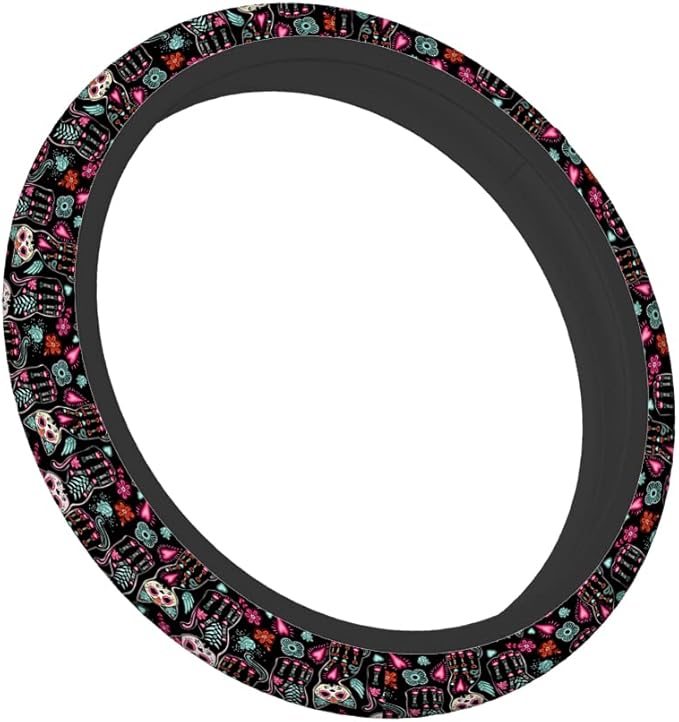 Swono Cat Cute Steering Wheel Cushion Case Day of The Dead Halloween Cats with Colorful Flowers Neoprene Car Steering Wheel Covers 15 Inch Anti Slip Compatible Auto Car Wrap Cover for Men Women