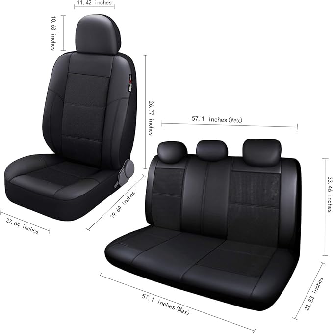 P&J AUTO Leather and Mesh Car Seat Cover Full Set in 9pcs Universal Fit for Cars Trucks Vans & SUVs Airbag Compatible (Black)