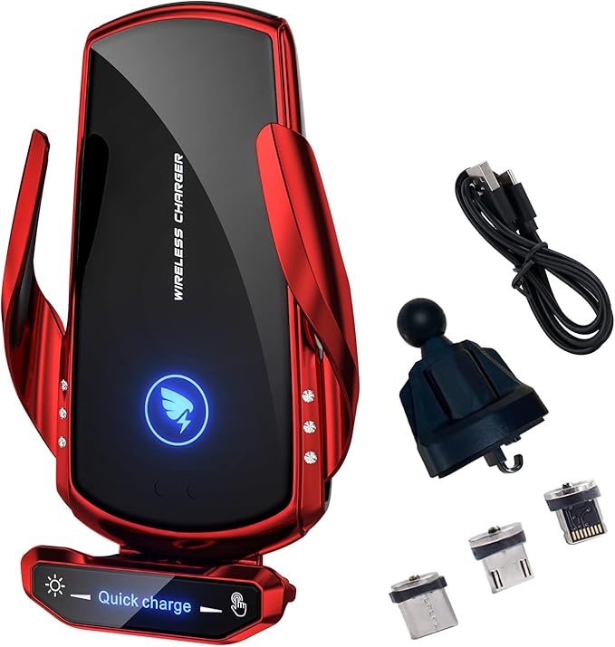 Wireless Car Charger Mount Automotive Electric Induction 15W Fast Charging Auto Clamping Car Phone Holder Mount Wireless Charging Mount Air Vent Phone Holde Compatible with All Android (Red)