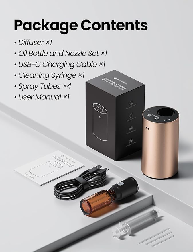 Waterless Essential Oil Diffuser, Rechargeable Scent Diffusers with 3 Mist Levels & Timers, Portable Aromatherapy Diffuser for Home Car Room Studio Office, Desert Titanium