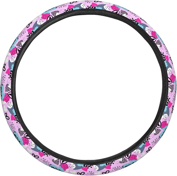 Dujiea Leopard Print with Hearts Elastic Stretch Steering Wheel Cover, Anti-Slip and Durable Car Steering Wheel Accessories for Women Men, 15 Inch Universal Fit Car, Truck, SUV