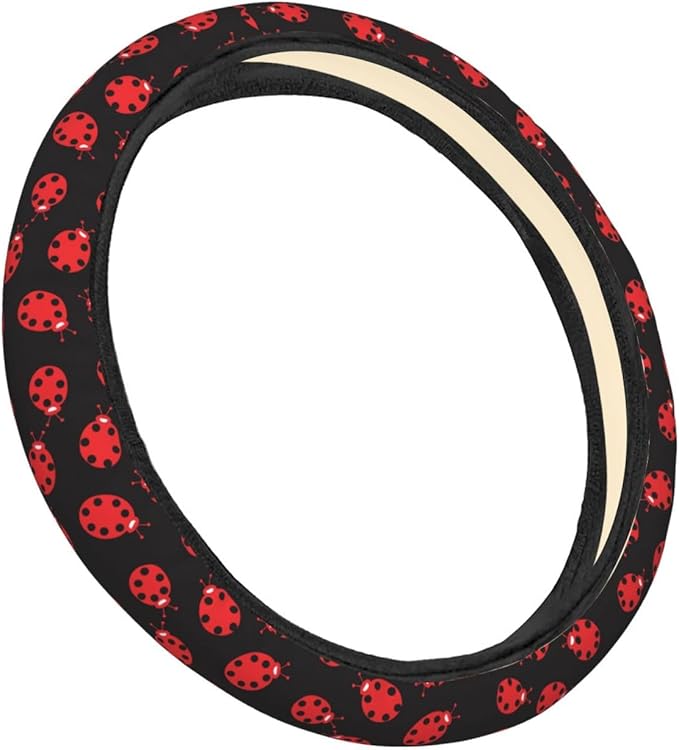 Red Black Ladybug Pattern Steering Wheel Covers Anti-Slip Elasticity Car Accessories Steering Wheel Protector Universal 15 Inch for Cars SUV Vehicle Truck