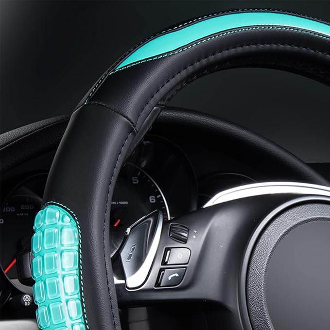 Flying Banner car Steering Wheel Cover Gel Massage Velvet Cool Warm Universal Size 15 inches SUV Truck Anti Slip Odorless Summer Winter (Black Mint Blue, Gel Massage)
