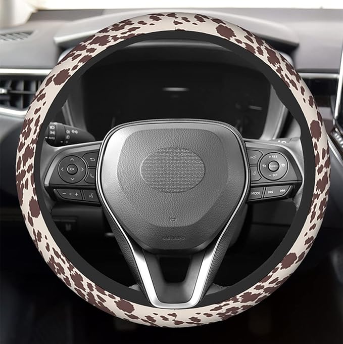 Swono Cow Skin Steering Wheel Cover for Men Women Animal Fur Horse Or Cattle Brown Spots Universal 15 Inch Auto Neoprene Case Anti-Slip Car Wheel Protector