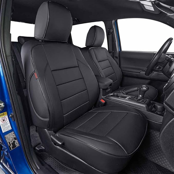 EKR Custom Fit Tacoma Leather Car Seat Covers for Select Toyota Tacoma 2012 2013 2014 2015 (Regular Seats) - Full Set,Leather(Black)