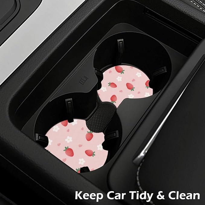 2 Pcs Car Cup Coasters, Cute Strawberry Universal Non-Slip Rubber Car Coasters for Cup Holders 2.75 inch, Car Interior Accessories for Women