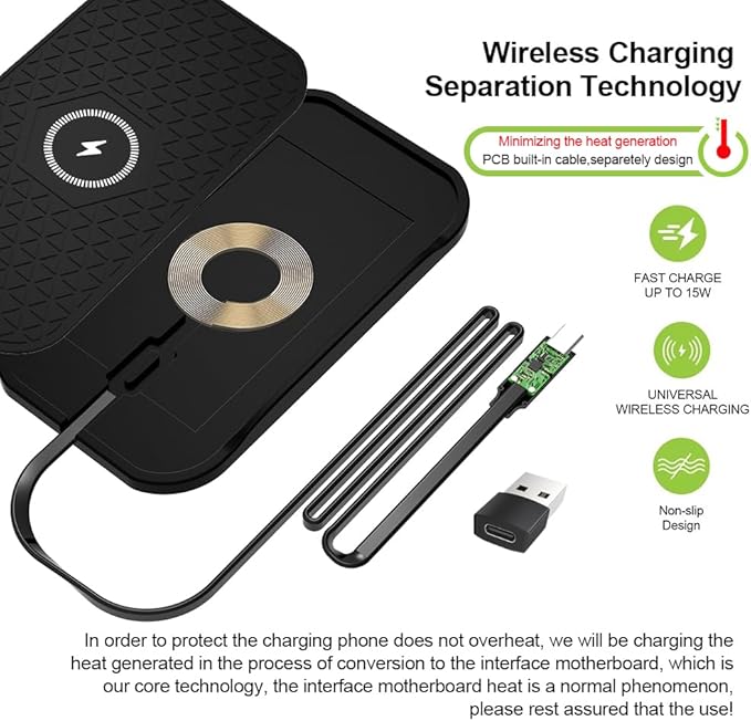 Wireless Car Charger Silicone Pad, for iPhone12/11 Pro/XS/XR/8/8Plus,15W Fast Car Wireless Charging Non-Slip Mat, for Samsung S21/S22/S23/S24/S25/Androids,80cm Cable, Black