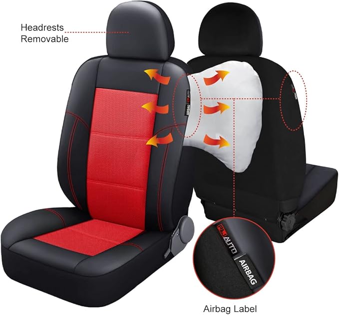 P&J AUTO Leather and Mesh Car Seat Cover Front Pair Universal Fit for Cars Trucks Vans & SUVs Airbag Compatible (Red)