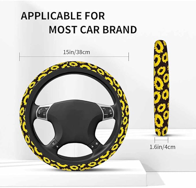 Sunflower Elastic Steering Wheel Cover Yellow Sunflower on Black Background Steering Wheel Cover Anti Slip Protective Case Universal Stretch Steering Protector