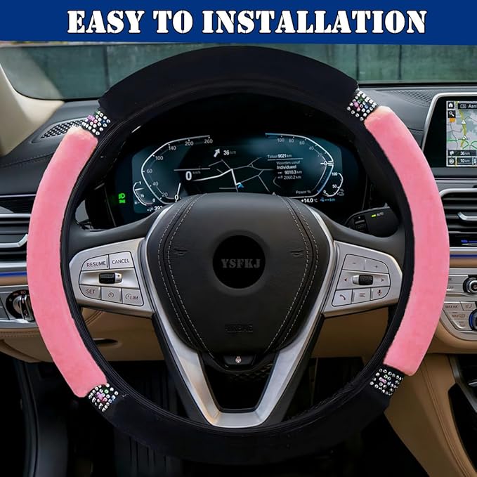 Fluffy Steering Wheel Cover, Universal 15 Inch Colorful Rhinestones Car Steering Wheel Cover, Sparkly Crystal Diamond Steering Wheel Protector for Women Girls,Pink
