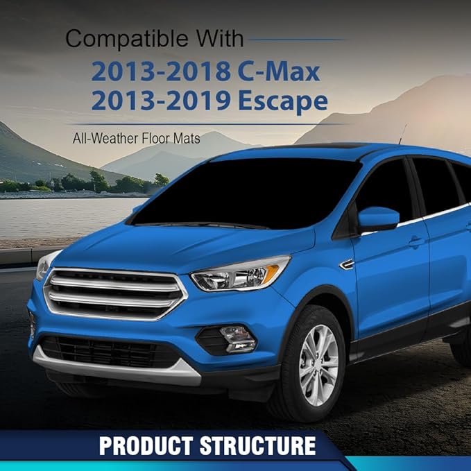 PIT66 Floor Mats Cargo Liners Compatible with Ford Escape 2013-2019, Fit Ford C-Max 2013-2018 (Heavy Duty) 3-Piece Premium All Weather Automotive TPE Liners